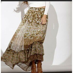 H&m Womens Flare Skirt White‎ Brown Floral Asymmetric Lined Elastic Waist 8 New